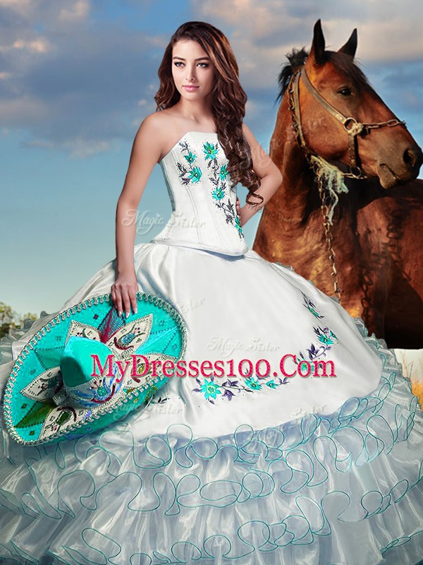 White Ball Gowns Strapless Sleeveless Taffeta Floor Length Lace Up Embroidery and Ruffled Layers Quinceanera Dress