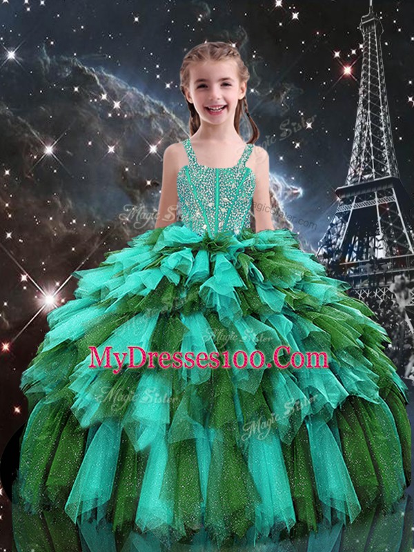 Floor Length Lace Up Little Girl Pageant Dress Turquoise for Quinceanera and Wedding Party with Beading and Ruffles