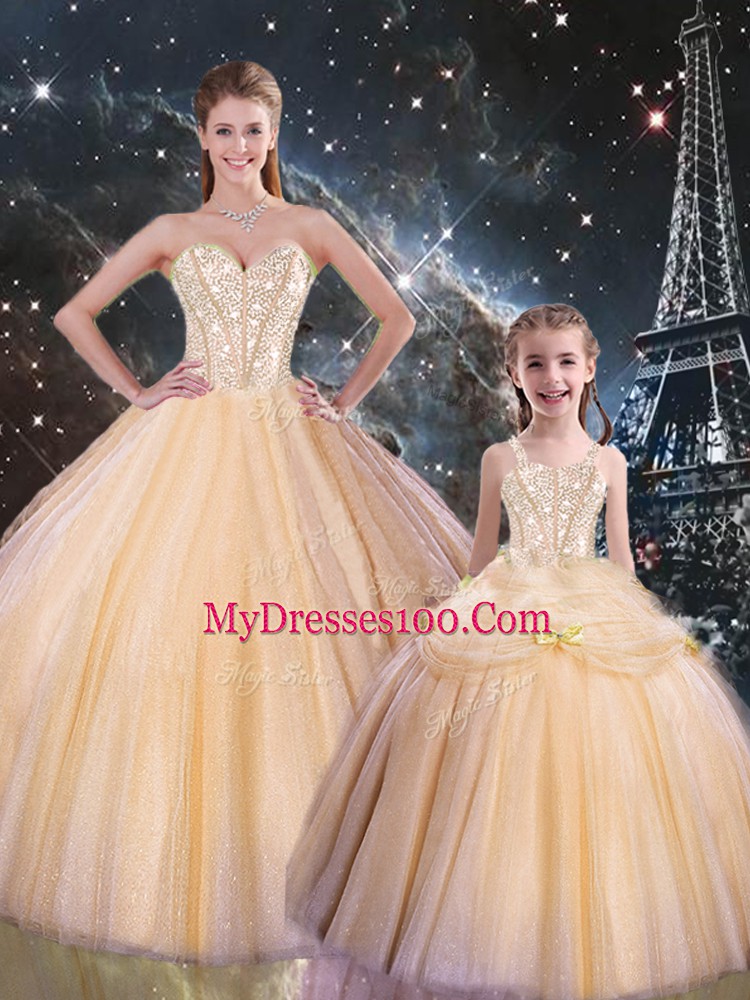 Shining Sleeveless Tulle Floor Length Lace Up Quinceanera Dress in Champagne with Beading