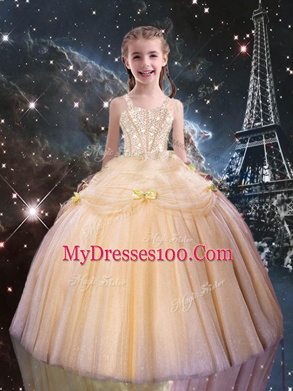 Shining Sleeveless Tulle Floor Length Lace Up Quinceanera Dress in Champagne with Beading