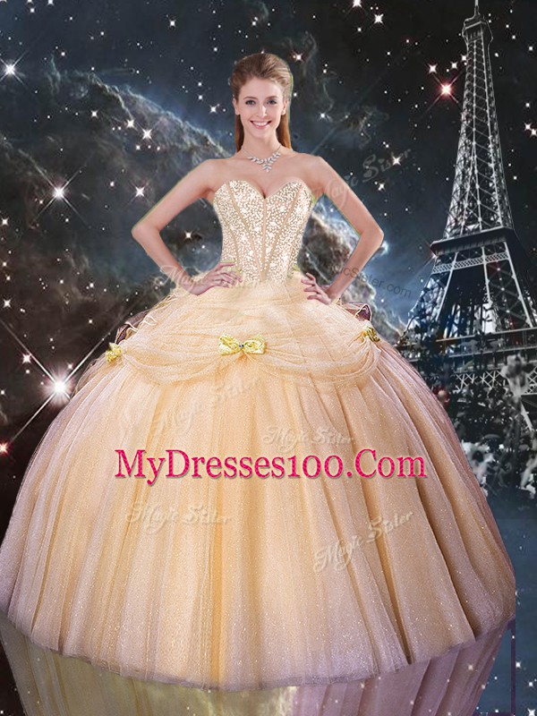 Shining Sleeveless Tulle Floor Length Lace Up Quinceanera Dress in Champagne with Beading