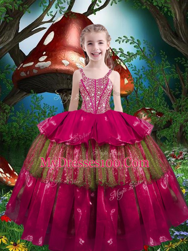 Cute Beading and Ruffled Layers Pageant Gowns For Girls Hot Pink Lace Up Sleeveless Floor Length