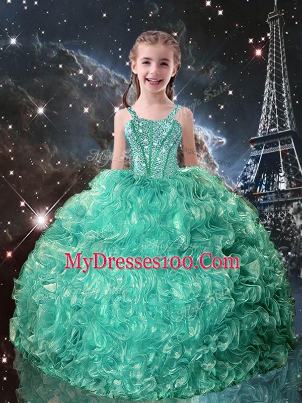 Excellent Turquoise Straps Lace Up Beading and Ruffles Little Girl Pageant Gowns Sleeveless