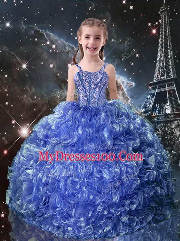 Glorious Blue Sleeveless Floor Length Beading and Ruffles Lace Up Little Girl Pageant Dress