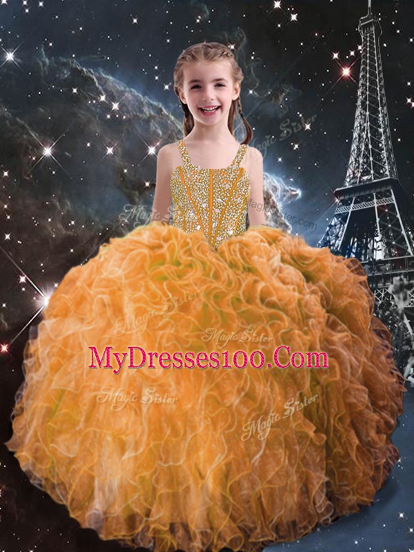 Straps Sleeveless Organza Child Pageant Dress Beading and Ruffles Lace Up