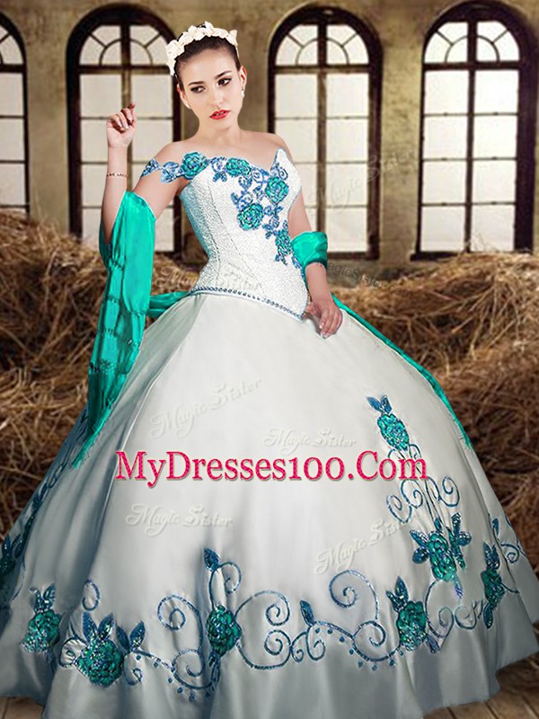Custom Made Sleeveless Taffeta Floor Length Lace Up Quinceanera Dresses in White with Embroidery