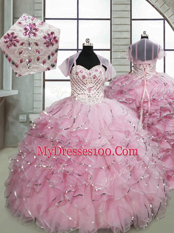Stunning Baby Pink Girls Pageant Dresses Quinceanera and Wedding Party with Beading and Ruffles Spaghetti Straps Sleeveless Brush Train Lace Up