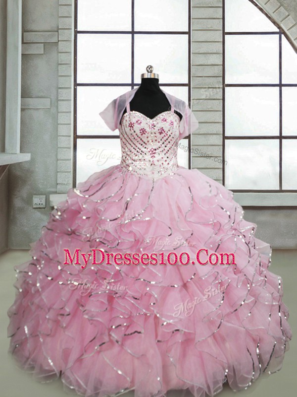 Stunning Baby Pink Girls Pageant Dresses Quinceanera and Wedding Party with Beading and Ruffles Spaghetti Straps Sleeveless Brush Train Lace Up