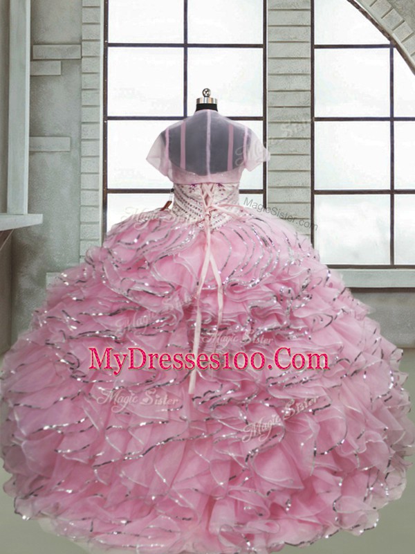 Stunning Baby Pink Girls Pageant Dresses Quinceanera and Wedding Party with Beading and Ruffles Spaghetti Straps Sleeveless Brush Train Lace Up
