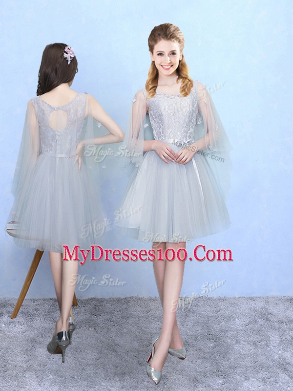 Comfortable V-neck Sleeveless Lace Up Bridesmaid Dress Silver Tulle