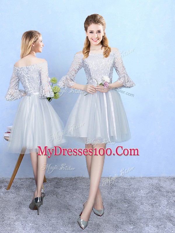 Comfortable V-neck Sleeveless Lace Up Bridesmaid Dress Silver Tulle
