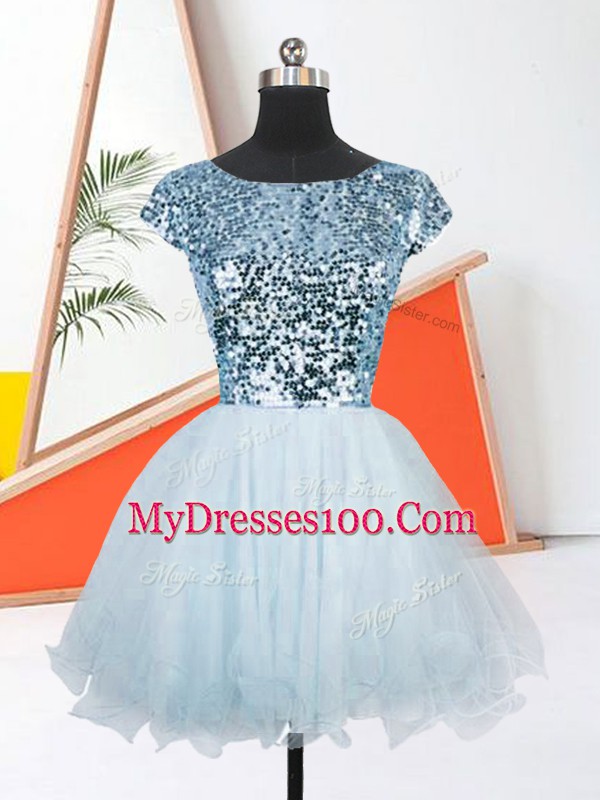 Beauteous Light Blue Short Sleeves Mini Length Sequins Lace Up Prom Gown