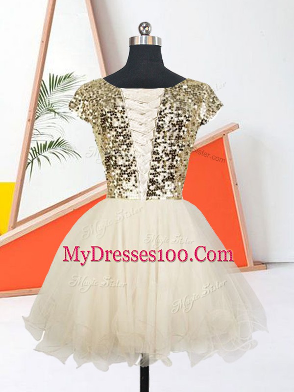 Beauteous Light Blue Short Sleeves Mini Length Sequins Lace Up Prom Gown