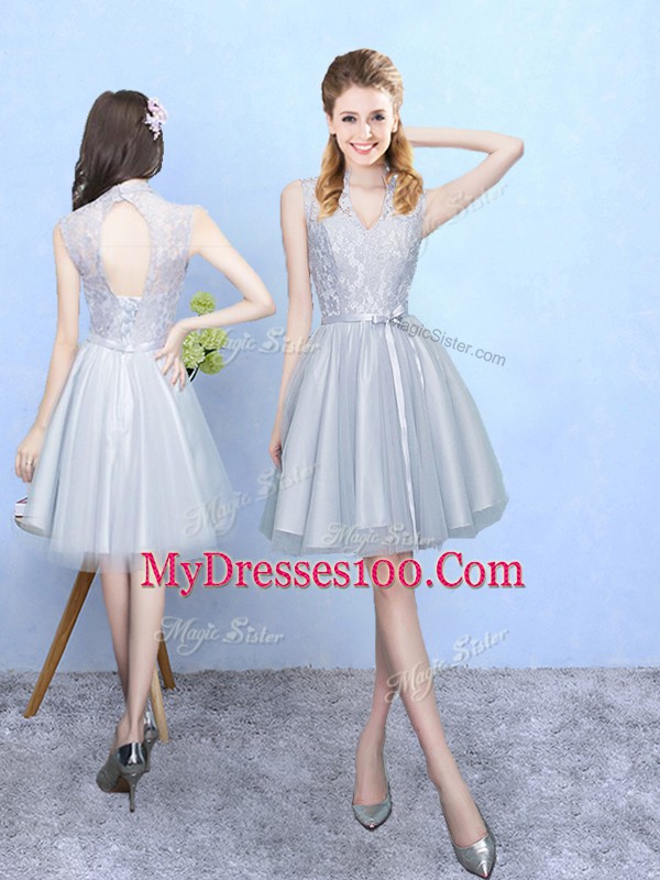 Top Selling Silver Empire Lace Bridesmaids Dress Lace Up Tulle Sleeveless Knee Length