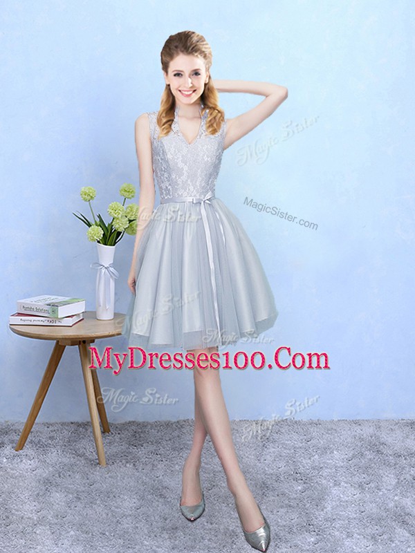 Top Selling Silver Empire Lace Bridesmaids Dress Lace Up Tulle Sleeveless Knee Length