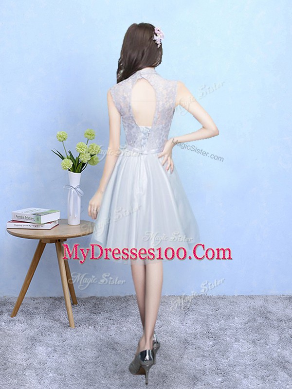 Top Selling Silver Empire Lace Bridesmaids Dress Lace Up Tulle Sleeveless Knee Length