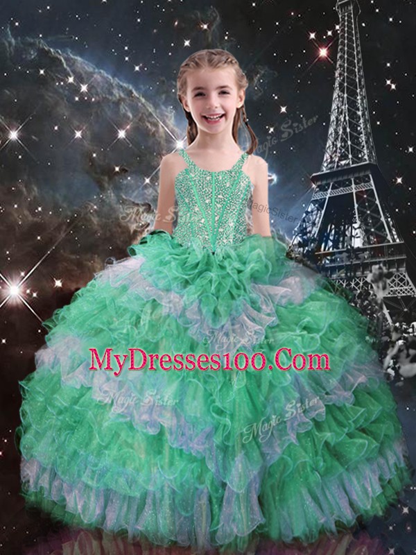 Floor Length Lace Up Little Girls Pageant Dress Wholesale Apple Green for Quinceanera and Wedding Party with Beading and Ruffled Layers