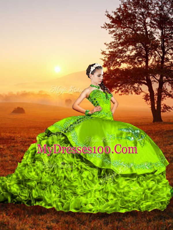 Fine Sleeveless Organza Brush Train Lace Up Quince Ball Gowns for Military Ball and Sweet 16 and Quinceanera