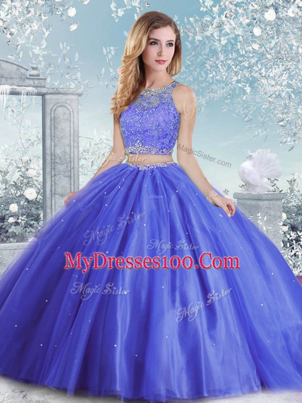 Modern Tulle Scoop Sleeveless Clasp Handle Beading and Sequins Sweet 16 Quinceanera Dress in Blue