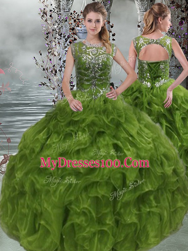 Dramatic Floor Length Ball Gowns Sleeveless Olive Green 15 Quinceanera Dress Lace Up