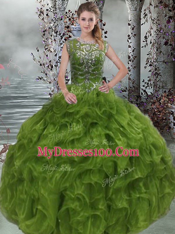 Dramatic Floor Length Ball Gowns Sleeveless Olive Green 15 Quinceanera Dress Lace Up