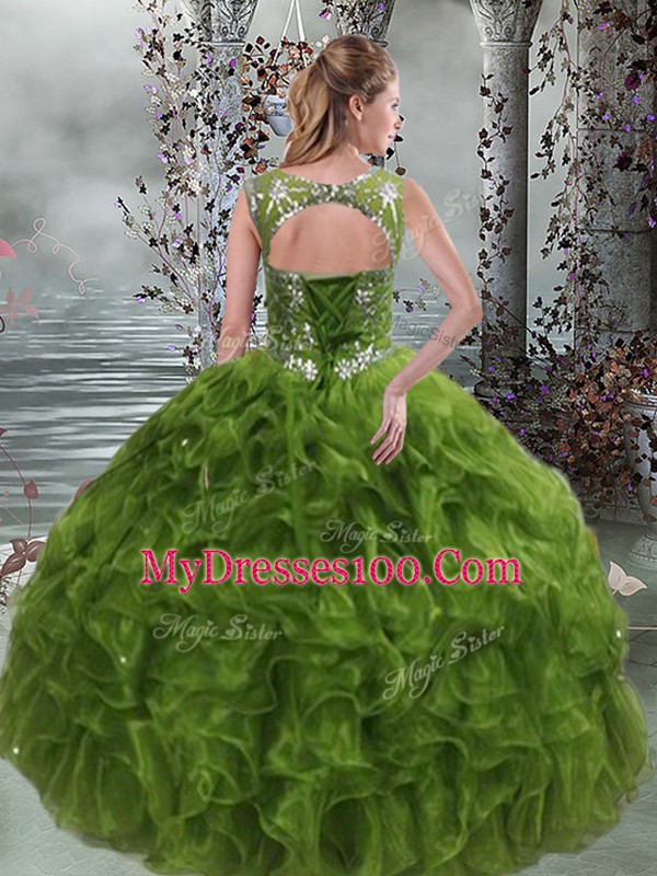 Dramatic Floor Length Ball Gowns Sleeveless Olive Green 15 Quinceanera Dress Lace Up