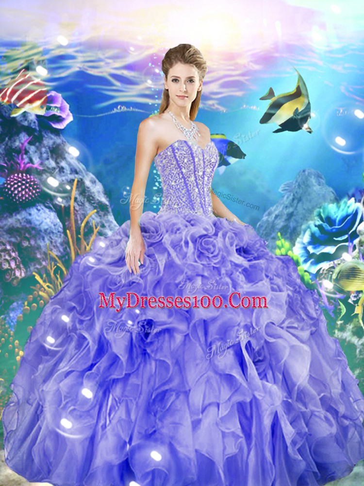 New Arrival Beading and Ruffles Vestidos de Quinceanera Lavender Lace Up Sleeveless Floor Length