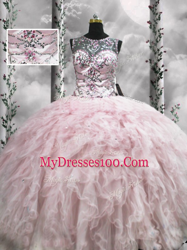 Floor Length Pink Quinceanera Gown Scoop Sleeveless Zipper