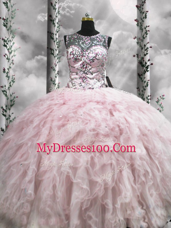 Floor Length Pink Quinceanera Gown Scoop Sleeveless Zipper