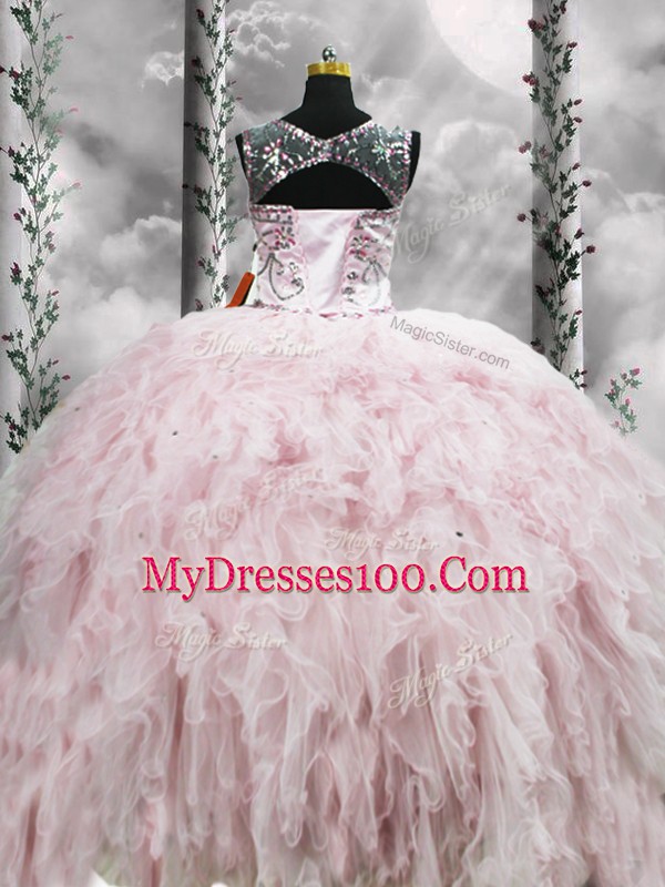 Floor Length Pink Quinceanera Gown Scoop Sleeveless Zipper