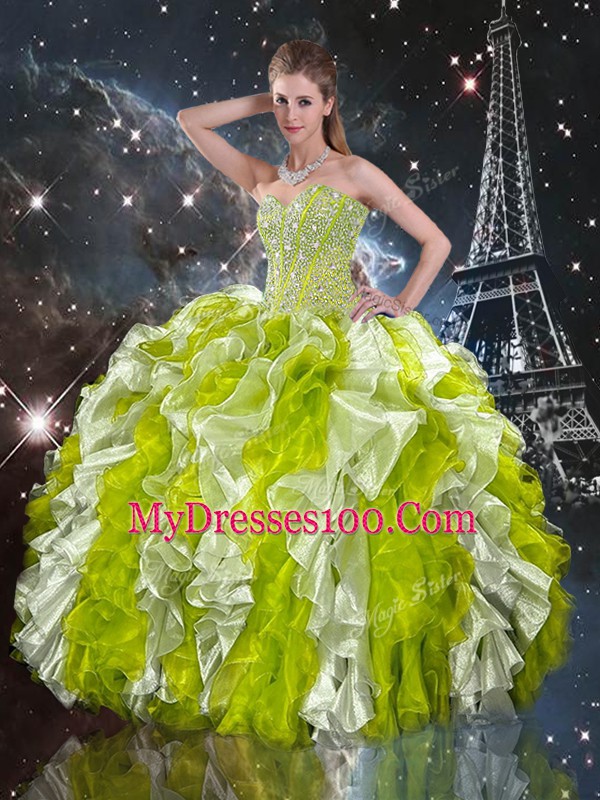 Organza Sweetheart Sleeveless Lace Up Beading and Ruffles Sweet 16 Dresses in Multi-color