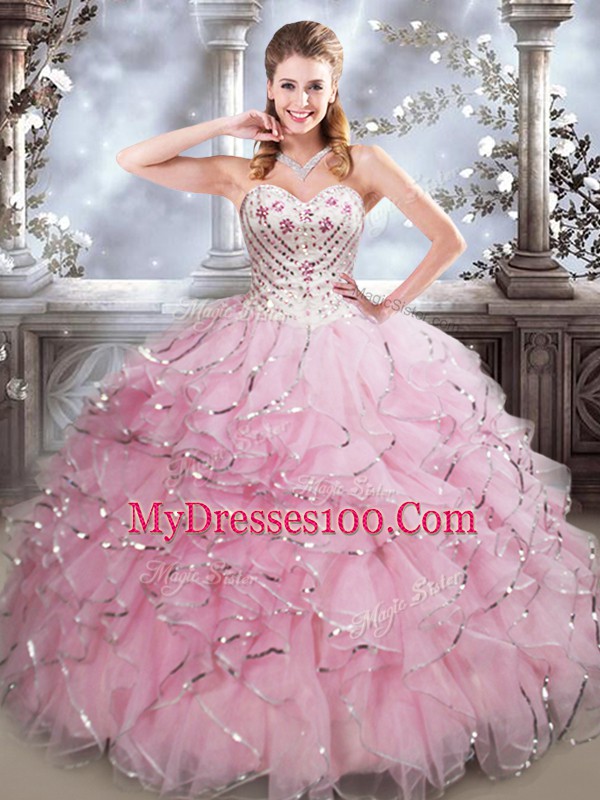 Chic Sleeveless Floor Length Beading and Ruffles Lace Up Sweet 16 Quinceanera Dress with Baby Pink