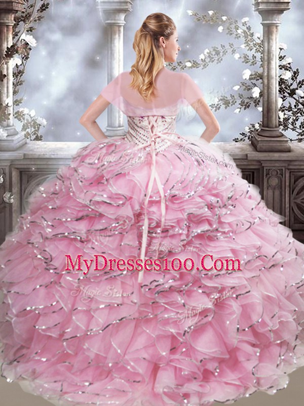 Chic Sleeveless Floor Length Beading and Ruffles Lace Up Sweet 16 Quinceanera Dress with Baby Pink