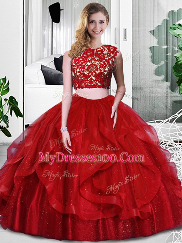 Wine Red Two Pieces Scoop Sleeveless Tulle Floor Length Zipper Lace and Ruffles Sweet 16 Quinceanera Dress