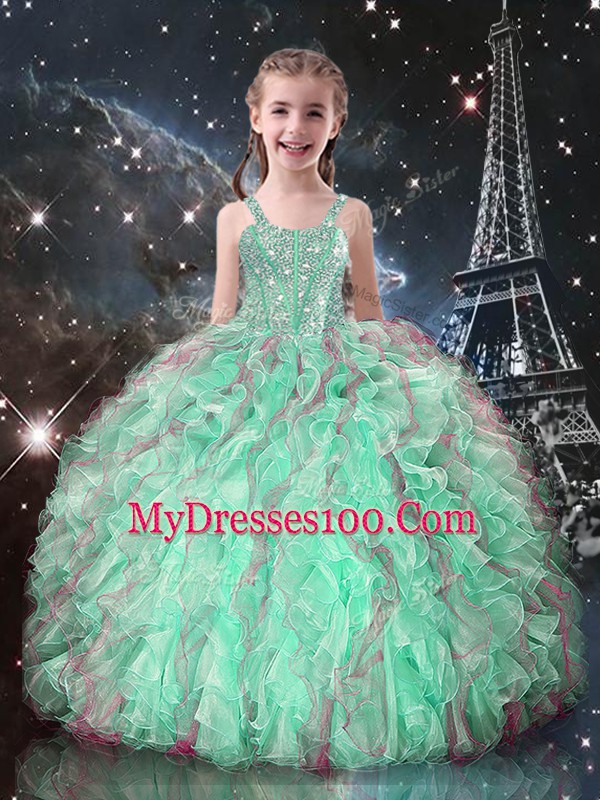 Gorgeous Floor Length Turquoise Little Girl Pageant Gowns Straps Sleeveless Lace Up