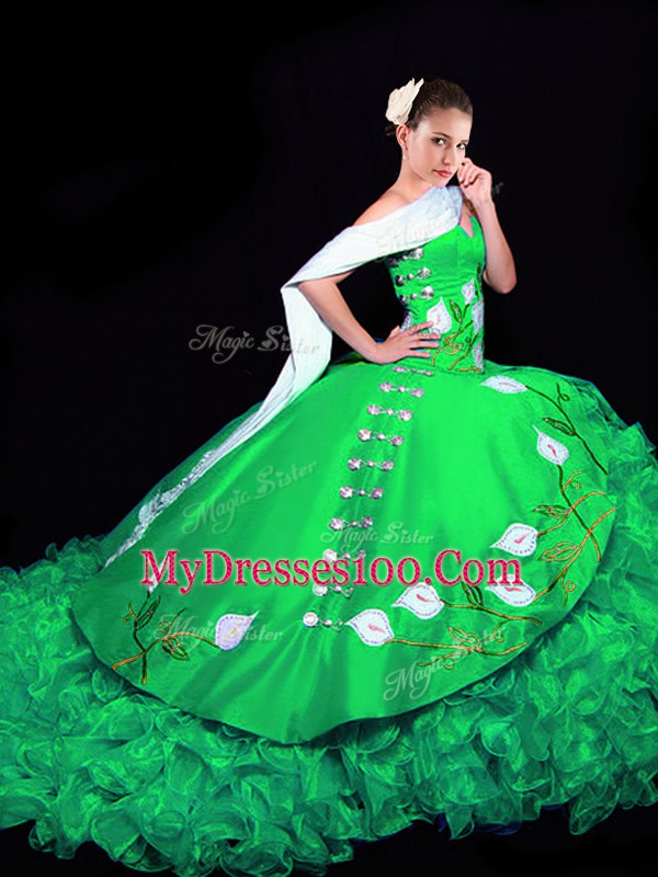 Low Price Brush Train Ball Gowns Quinceanera Dresses Green Sweetheart Organza Sleeveless Lace Up