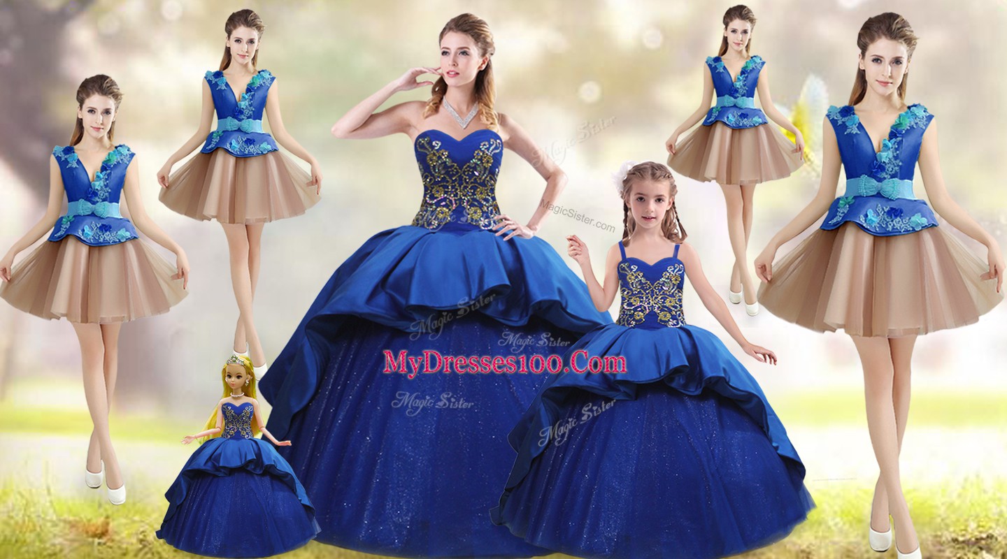 Exceptional Beading and Appliques and Embroidery Quince Ball Gowns Blue Lace Up Sleeveless Court Train