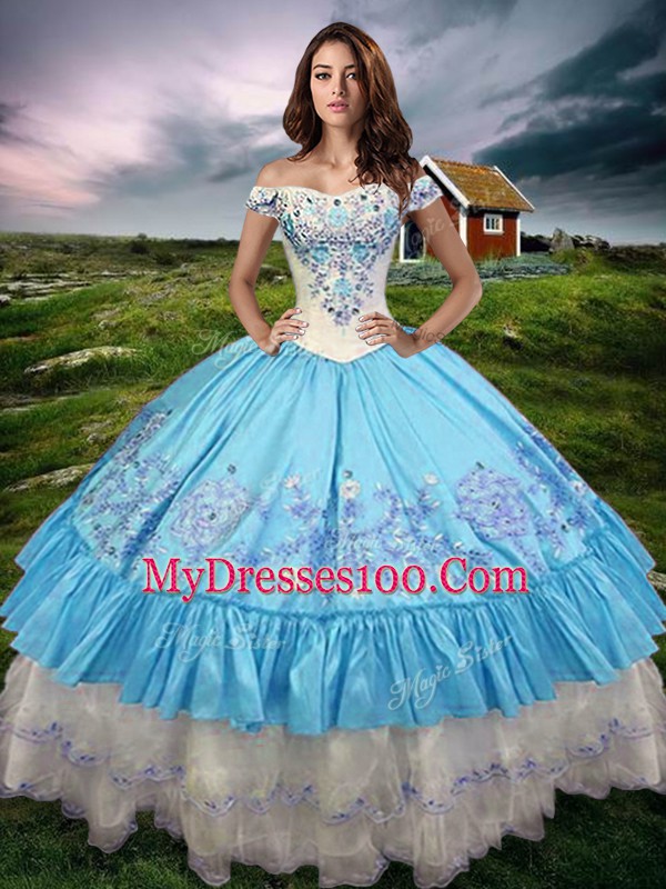 Clearance Baby Blue Sleeveless Floor Length Beading and Embroidery and Ruffled Layers Lace Up Quince Ball Gowns