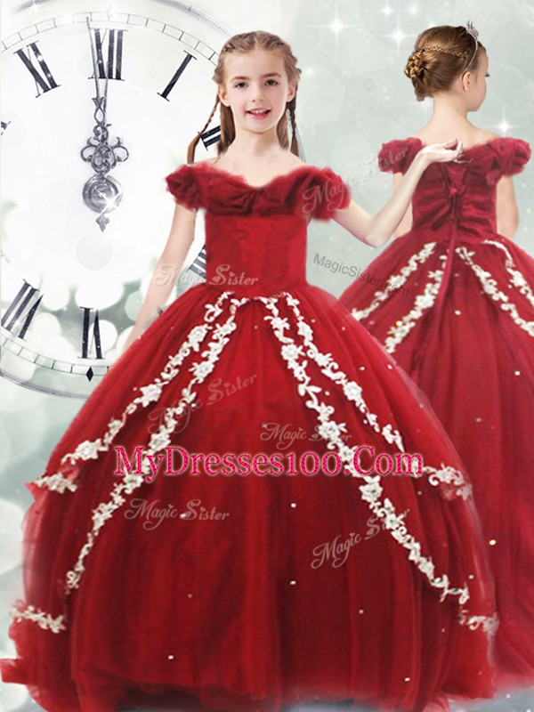 Wonderful Off The Shoulder Sleeveless Kids Pageant Dress Brush Train Appliques Wine Red Tulle
