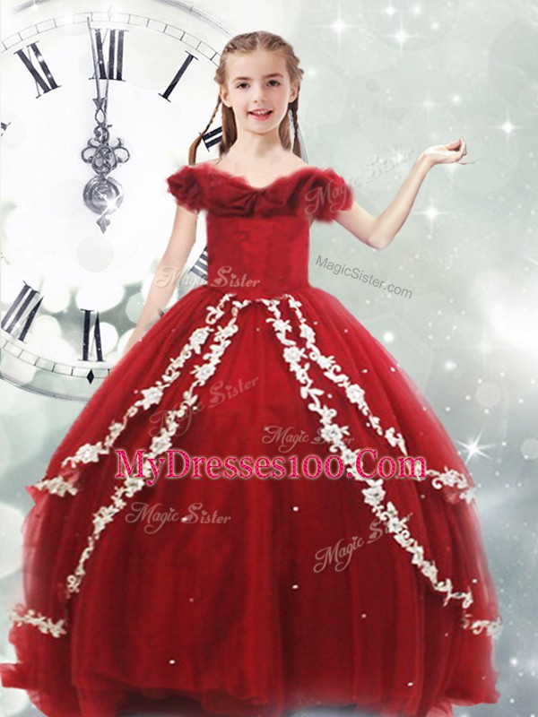 Wonderful Off The Shoulder Sleeveless Kids Pageant Dress Brush Train Appliques Wine Red Tulle