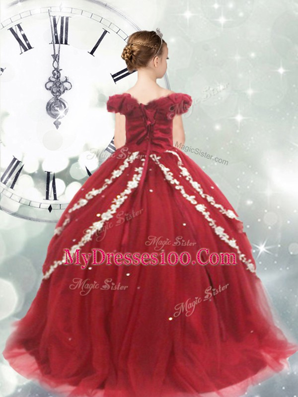 Wonderful Off The Shoulder Sleeveless Kids Pageant Dress Brush Train Appliques Wine Red Tulle