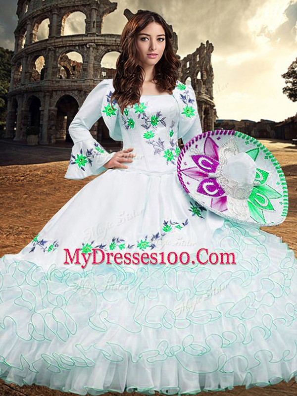 Sumptuous White Organza Lace Up Quinceanera Gowns Long Sleeves Floor Length Embroidery and Ruffled Layers