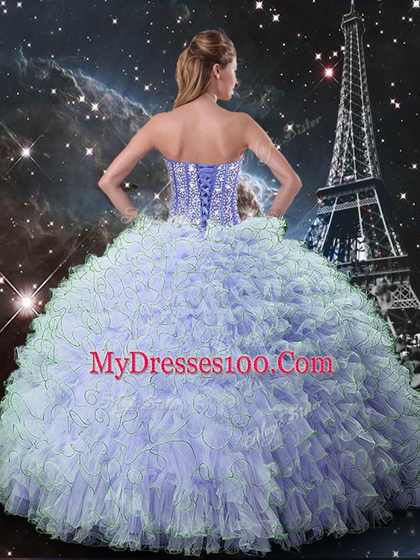 Lavender Sweet 16 Dresses Military Ball and Sweet 16 and Quinceanera with Beading and Ruffles Sweetheart Sleeveless Lace Up