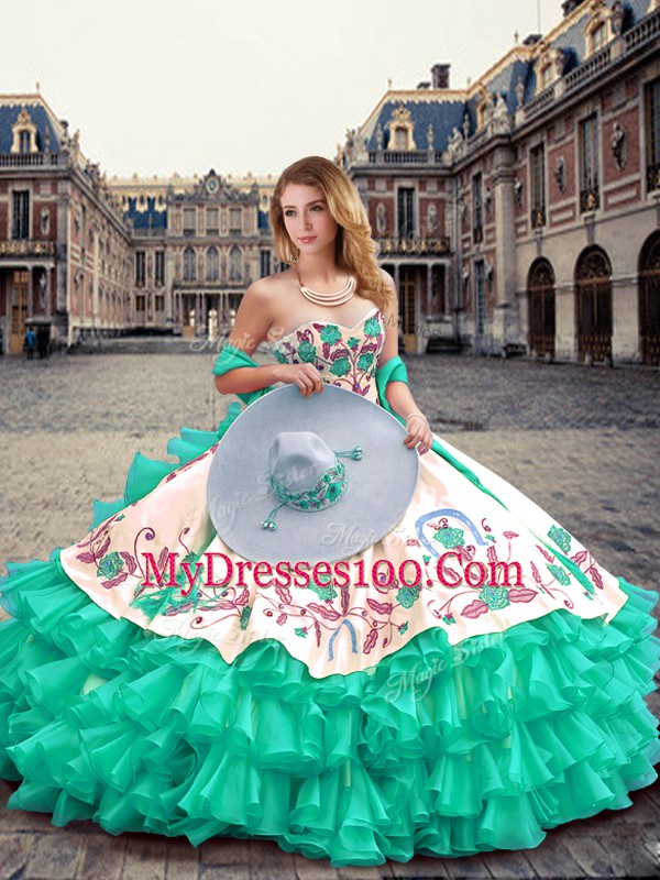 Sweetheart Sleeveless Sweet 16 Dress Floor Length Embroidery and Ruffled Layers Turquoise Organza