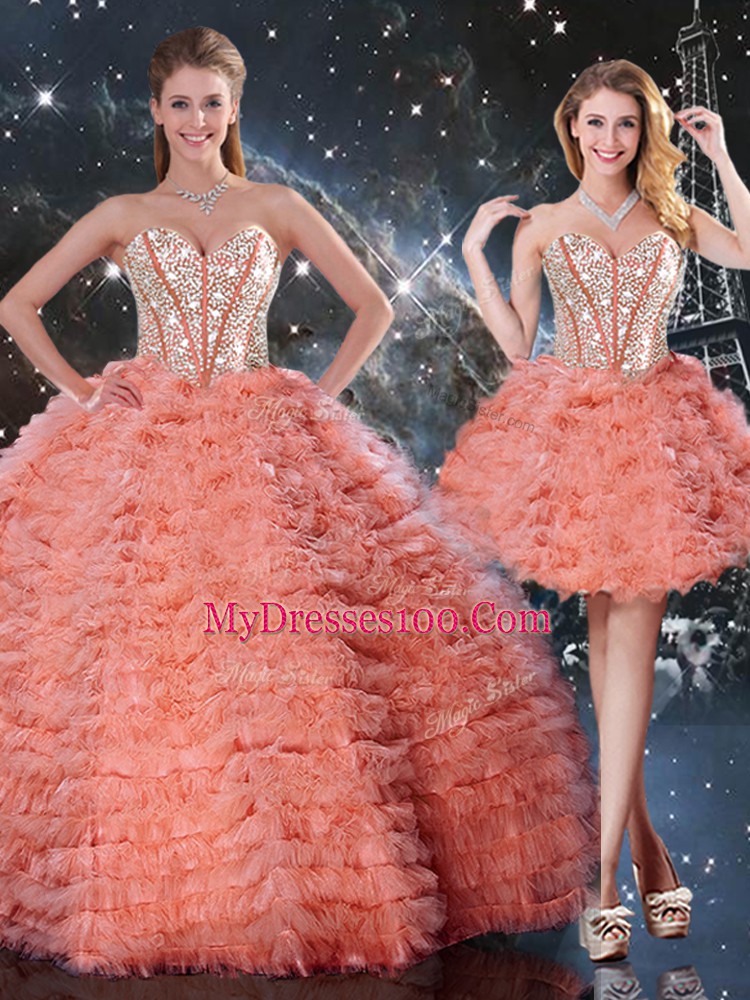 Sumptuous Floor Length Lace Up 15 Quinceanera Dress Watermelon Red for Military Ball and Sweet 16 and Quinceanera with Beading and Ruffled Layers