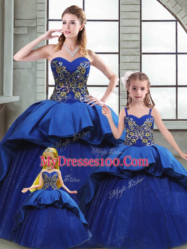 Blue 15 Quinceanera Dress Military Ball and Sweet 16 and Quinceanera with Beading and Appliques and Embroidery Sweetheart Sleeveless Court Train Lace Up