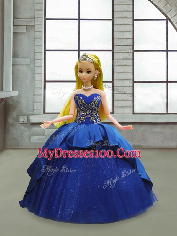 Blue 15 Quinceanera Dress Military Ball and Sweet 16 and Quinceanera with Beading and Appliques and Embroidery Sweetheart Sleeveless Court Train Lace Up