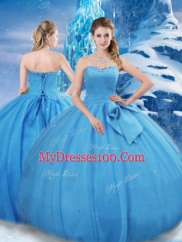 Floor Length Lace Up Quinceanera Dresses Baby Blue for Military Ball and Sweet 16 and Quinceanera with Bowknot