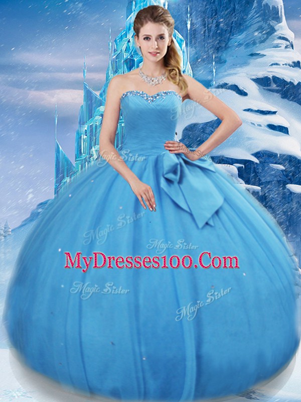 Floor Length Lace Up Quinceanera Dresses Baby Blue for Military Ball and Sweet 16 and Quinceanera with Bowknot