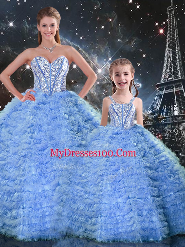 On Sale Blue Sleeveless Floor Length Beading and Ruffles Lace Up 15 Quinceanera Dress